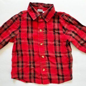 Cuddle Bear Boys Shirt Button Down Red Green Plaid Christmas Holiday 18 Months